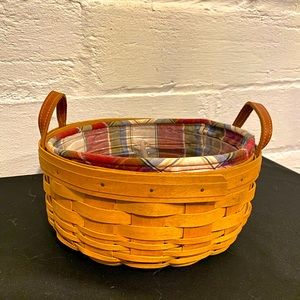 Longaberger 10” Round Basket With Side Handles, Fabric Liner, Plastic Liner